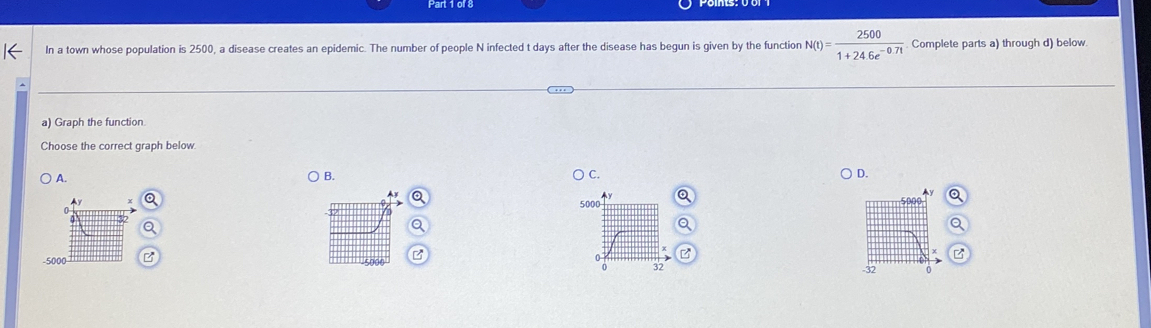 In a town whose population is 2500, a disease creates an epidemic. The number of people N infected t days after the disease has begun is given by the functior N(t)= 2500/1+24.6e^(-0.7t)  Complete parts a) through d) below.
a) Graph the function.
Choose the correct graph below.
A.
B.
C.
D.
Q
B
-5B