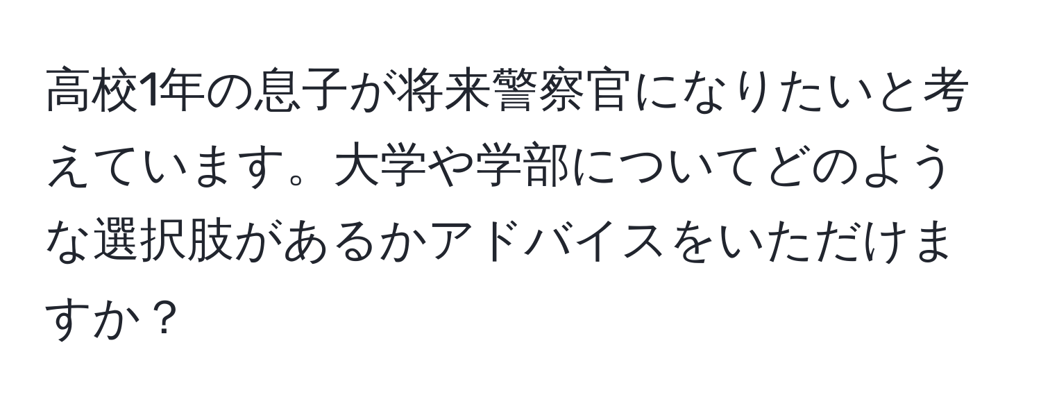 高校1年の息子が将来警察官になりたいと考えています。大学や学部についてどのような選択肢があるかアドバイスをいただけますか？