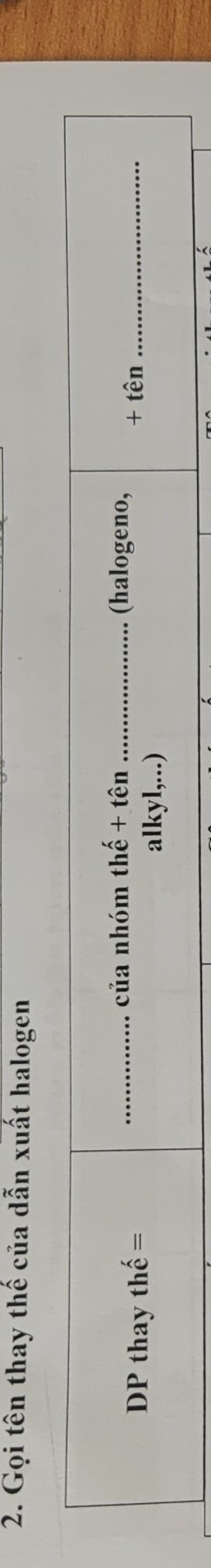 Gọi tên thay thế của dẫn xuất halogen 
_của nhóm thhat e+ tên _(halogeno, + tên_ 
DP thay thế= alkyl,...)