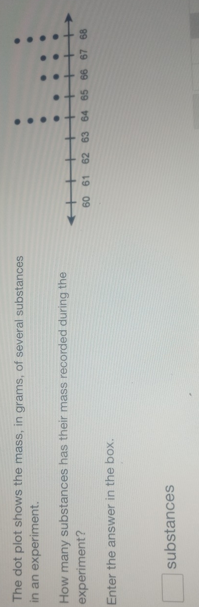 The dot plot shows the mass, in grams, of several substances 
in an experiment. 
How many substances has their mass recorded during the 
experiment? 
Enter the answer in the box. 
□ substances