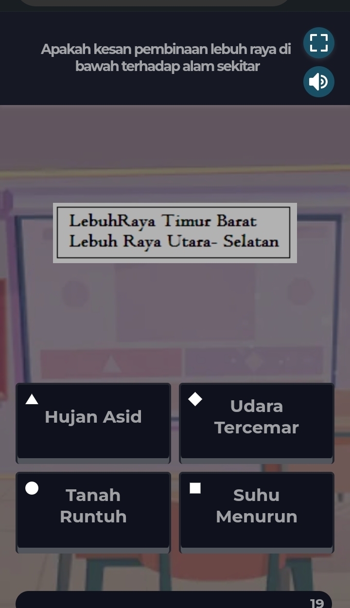 Apakah kesan pembinaan lebuh raya di 
bawah terhadap alam sekitar 
LebuhRaya Timur Barat 
Lebuh Raya Utara- Selatan 
Udara 
Hujan Asid 
Tercemar 
Tanah Suhu 
Runtuh Menurun 
19