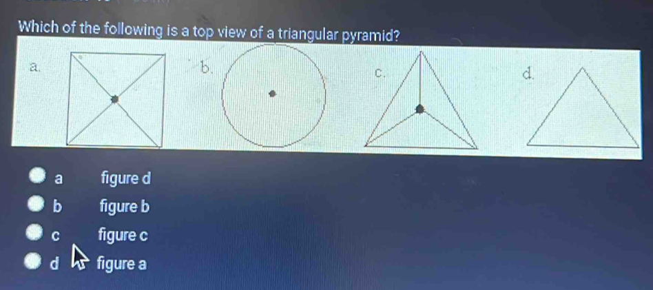 Which of the following is a top view of a triangular pyramid?
a.
b.
a figure d
b figure b
C figure c
d figure a