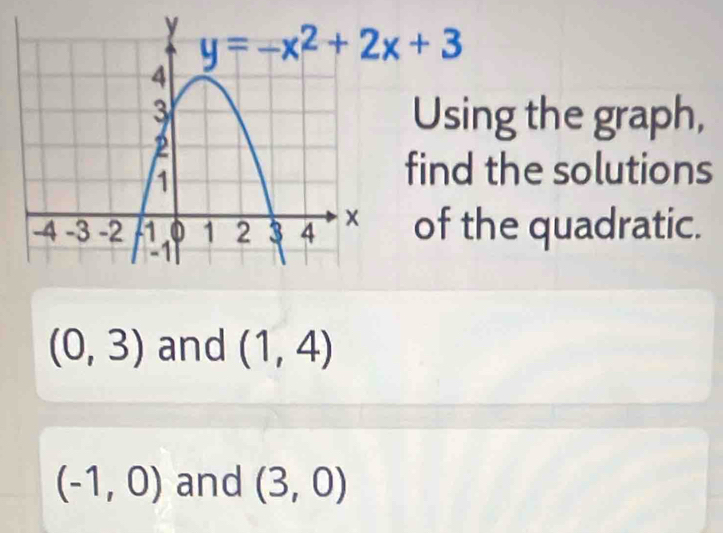 Using the graph,
find the solutions
of the quadratic.
(0,3) and (1,4)
(-1,0) and (3,0)