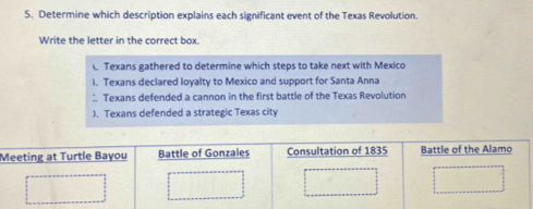 Determine which description explains each significant event of the Texas Revolution.
Write the letter in the correct box.
. Texans gathered to determine which steps to take next with Mexico
1. Texans declared loyalty to Mexico and support for Santa Anna
: Texans defended a cannon in the first battle of the Texas Revolution
). Texans defended a strategic Texas city