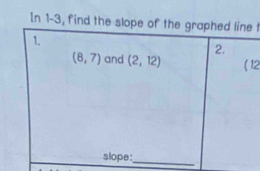 In 1-3, find the slope o t
12
_