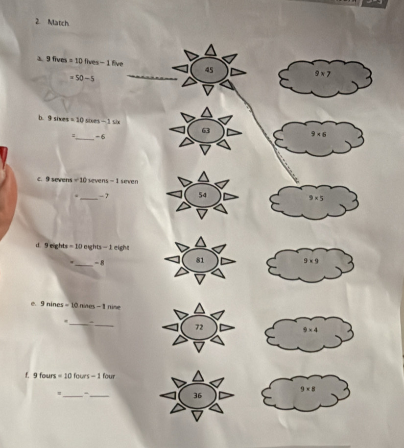 Match
a. gfives =10 ves-1 five
45
=50-5
_
9* 7
b. 9sixes=10sixes-1six 9* 6
63
=_ - 6
c. 9 sevens =10sevens-1seven
_
- 7
9* 5
d. 9eights=10eights-1 eigl n

_
u -8
e. 9nines=10nines-1nine
_
_=
f. 9fours=10fours-1four
9* 8
=_ -_