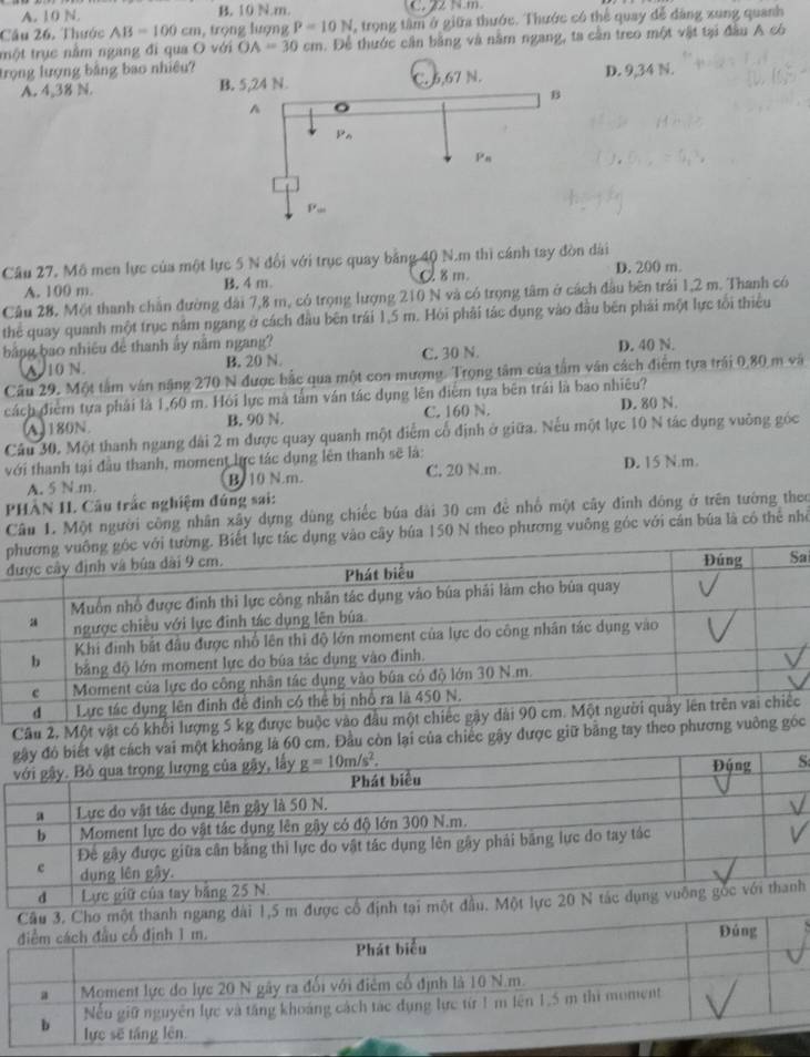 A. 10 N. B. 10 N.m. C. 22 N m
Câu 26. Thước AB=100cm 1, trọng lượng P=10N , trọng tâm ở giữa thước. Thước có thể quay đễ dảng xung quanh
trột trục nằm ngang đi qua O với OA=30cm a. Để thước cần bằng và năm ngang, ta cần treo một vật tại đầu A có
trọng lượng bảng bao nhiều
A. 4,38 N. D. 9,34 N.
Câu 27. Mô men lực của một lực 5 N đổi với trục quay bằng 40 N.m thì cánh tay đòn dài
A. 100 m. B. 4 m C8m D. 200 m.
Câu 28. Một thanh chần đường dài 7,8 m, có trọng lượng 210 N và có trọng tâm ở cách đầu bên trái 1,2 m. Thanh có
thể quay quanh một trục năm ngang ở cách đầu bên trái 1,5 m. Hỏi phải tác dụng vào đầu bên phải một lực tổi thiểu
bảng bao nhiều đề thanh ảy năm ngang? D. 40 N.
N 10 N. B. 20 N. C. 30 N.
Câu 29. Một tâm ván năng 270 N được bắc qua một con mương. Trọng tâm của tấm văn cách điểm tựa trái 0,80 m và
cách điểm tựa phái là 1,60 m. Hỏi lực mà tấm ván tác dụng lên điểm tựa bên trái là bao nhiêu?
A,180N. B. 90 N. C. 160 N. D. 80 N.
Câu 30, Một thanh ngang dài 2 m được quay quanh một điểm cổ định ở giữa. Nếu một lực 10 N tác dụng vuỡng góc
với thanh tại đầu thanh, moment lực tác dụng lên thanh sẽ là:
A. 5 N.m. B/ 10 N.m. C. 20 N.m. D. 15 N.m.
PHÂN II. Câu trấc nghiệm đúng sai:
Câu 1. Một người công nhân xây dựng dùng chiếc búa dài 30 cm để nhổ một cây đình đông ở trên tướng theo
pụng vào cây búa 150 N theo phương vuông góc với cán búa là có thể nhỏ
a
Câu 2, Một vật có khổi lượng 5 kg được buộc vào đầu m
cm. Đầu còn lại của chiếc gậy được giữ bằng tay theo phương vuông góc
S
h