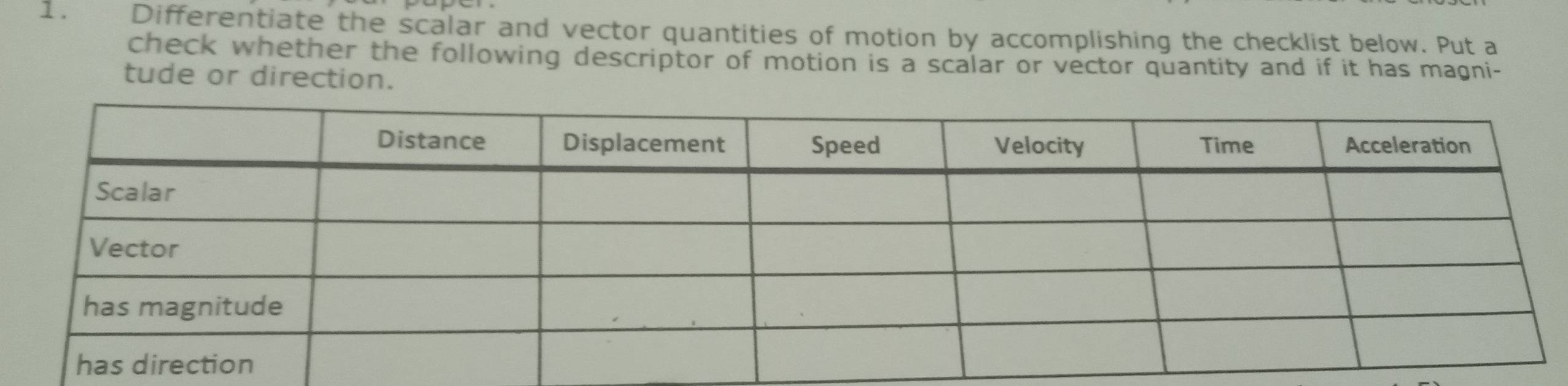 Differentiate the scalar and vector quantities of motion by accomplishing the checklist below. Put a 
check whether the following descriptor of motion is a scalar or vector quantity and if it has magni- 
tude or direction.