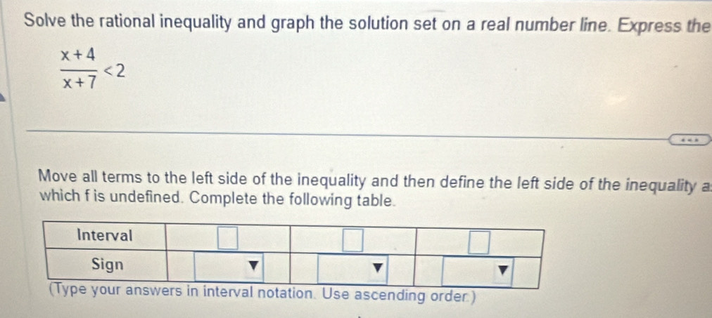 Solve the rational inequality and graph the solution set on a real number line. Express the
 (x+4)/x+7 <2</tex> 
Move all terms to the left side of the inequality and then define the left side of the inequality a
which f is undefined. Complete the following table.