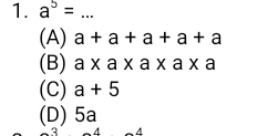 a^5= _
(A) a+a+a+a+a
(B) a* a* a* a* a
(C) a+5
(D) 5a
3 A