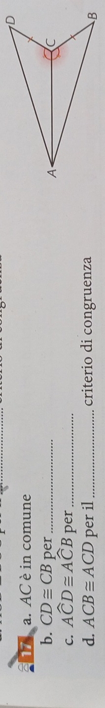 AC è in comune 
b. CD≌ CB per _ 
C. Awidehat CD≌ Awidehat CB per_ 
d. ACB≌ ACD per il_ criterio di congruenza