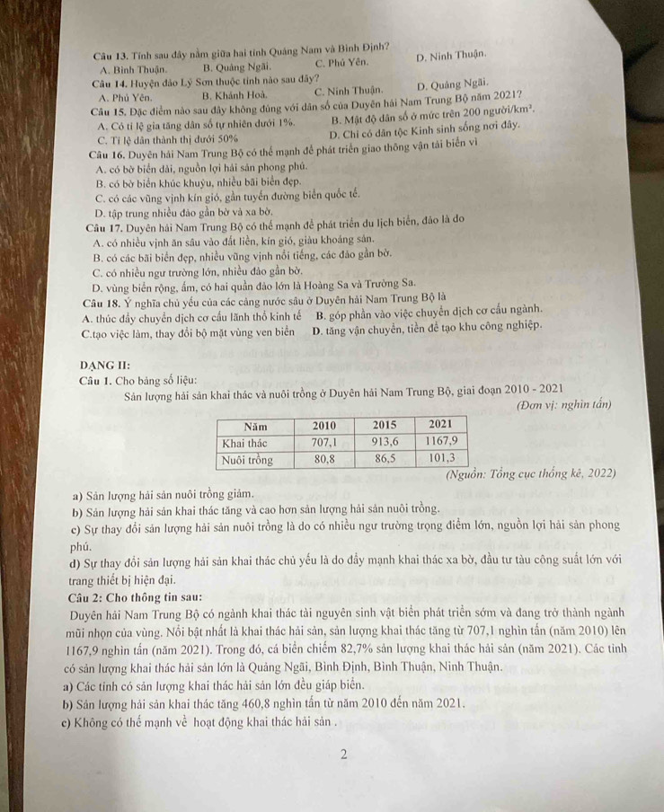 Tính sau đây nằm giữa hai tính Quảng Nam và Bình Định?
A. Bình Thuận. B. Quảng Ngãi. C. Phủ Yên. D. Ninh Thuận.
Câu 14. Huyện đảo Lý Sơn thuộc tinh nào sau đây?
A. Phủ Yên. B. Khánh Hoà. C. Ninh Thuận. D. Quảng Ngãi.
Câu 15. Đặc điểm nào sau đây không đúng với dân số của Duyên hải Nam Trung Bộ năm 2021?
A. Có tỉ lệ gia tăng dân số tự nhiên dưới 1%. B. Mật độ dân số ở mức trên 200 người. km
C. Tỉ lệ dân thành thị dưới 50% D. Chi có dân tộc Kinh sinh sống nơi đây.
Câu 16. Duyên hải Nam Trung Bộ có thể mạnh để phát triển giao thông vận tái biển vi
A. có bờ biển dài, nguồn lợi hải sản phong phú.
B. có bờ biển khúc khuỳu, nhiều bãi biển đẹp.
C. có các vũng vịnh kín gió, gần tuyển đường biển quốc tế.
D. tập trung nhiều đảo gần bờ và xa bờ.
Câu 17. Duyên hải Nam Trung Bộ có thể mạnh để phát triển du lịch biển, đảo là do
A. có nhiều vịnh ăn sâu vào đất liền, kín gió, giàu khoáng sản.
B. có các bãi biển đẹp, nhiều vũng vịnh nổi tiếng, các đảo gần bờ.
C. có nhiều ngư trường lớn, nhiều đảo gần bờ.
D. vùng biển rộng, ấm, có hai quần đảo lớn là Hoàng Sa và Trường Sa.
Câu 18. Ý nghĩa chủ yếu của các cảng nước sâu ở Duyên hải Nam Trung Bộ là
A. thúc đầy chuyển dịch cơ cầu lãnh thổ kinh tế B. góp phần vào việc chuyển dịch cơ cấu ngành.
C.tạo việc làm, thay đổi bộ mặt vùng ven biển D. tăng vận chuyển, tiền để tạo khu công nghiệp.
DANG II:
Câu 1. Cho bảng số liệu:
Sản lượng hải sản khai thác và nuôi trồng ở Duyên hải Nam Trung Bộ, giai đoạn 2010 - 2021
(Đơn vị: nghìn tấn)
Tổng cục thống kê, 2022)
a) Sản lượng hải sản nuôi trồng giảm.
b) Sản lượng hải sản khai thác tăng và cao hơn sản lượng hải sản nuôi trồng.
c) Sự thay đổi sản lượng hải sản nuôi trồng là do có nhiều ngư trường trọng điểm lớn, nguồn lợi hải sản phong
phú,
d) Sự thay đổi sản lượng hải sản khai thác chủ yếu là do đầy mạnh khai thác xa bờ, đầu tư tàu công suất lớn với
trang thiết bị hiện đại.
Câu 2: Cho thông tin sau:
Duyên hải Nam Trung Bộ có ngành khai thác tài nguyên sinh vật biển phát triển sớm và đang trở thành ngành
mũi nhọn của vùng. Nổi bật nhất là khai thác hải sản, sản lượng khai thác tăng từ 707,1 nghìn tấn (năm 2010) lên
1167,9 nghìn tấn (năm 2021). Trong đó, cá biển chiếm 82,7% sản lượng khai thác hải sản (năm 2021). Các tỉnh
có sản lượng khai thác hải sản lớn là Quảng Ngãi, Bình Định, Bình Thuận, Ninh Thuận.
a) Các tinh có sản lượng khai thác hải sản lớn đều giáp biển.
b) Sản lượng hải sản khai thác tăng 460,8 nghìn tấn từ năm 2010 đến năm 2021.
c) Không có thế mạnh về hoạt động khai thác hải sản .
2