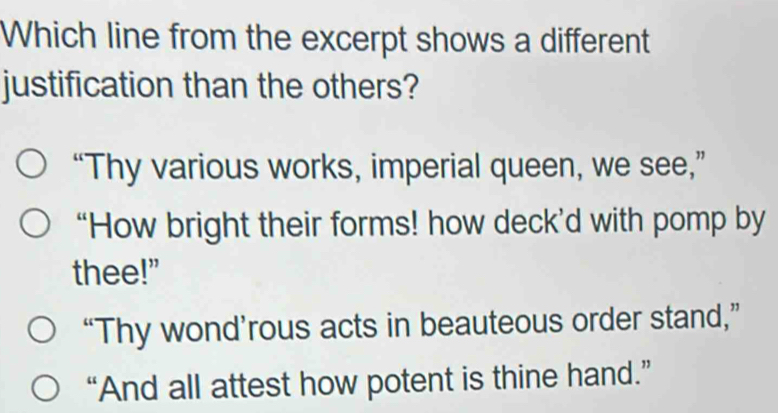 Solved: Which line from the excerpt shows a different justification ...