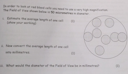 In order to look at red blood cells you need to use a very high magnification. 
The Field of View shown below is 50 micrometres in diameter. 
i. Estimate the average length of one cell (1) 
(show your working) 
ii. Now convert the average length of one cell 
into millimetres. (1) 
iiii. What would the diameter of the Field of View be in millimetres? (1)