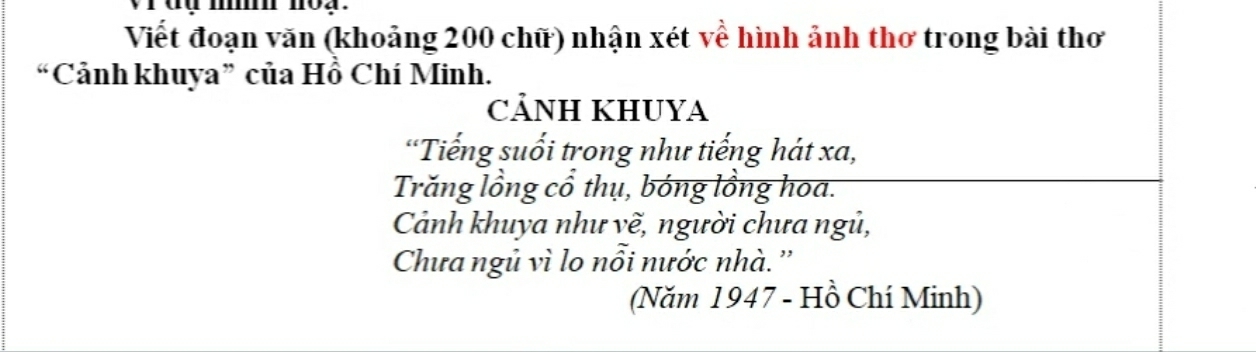 Viết đoạn văn (khoảng 200 chữ) nhận xét về hình ảnh thơ trong bài thơ 
“Cảnh khuya” của Hồ Chí Minh. 
CẢNH KHUYA 
“Tiếng suối trong như tiếng hát xa, 
Trăng lồng cổ thụ, bóng lồng hoa. 
Cảnh khuya như vẽ, người chưa ngủ, 
Chưa ngủ vì lo nổi nước nhà. '' 
(Năm 1947 - Hồ Chí Minh)