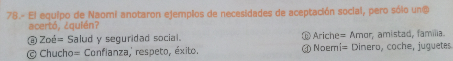 78.- El equipo de Naomi anotaron ejemplos de necesidades de aceptación social, pero sólo un@
acertó, ¿quién?
a Zoe= : Salud y seguridad social. ⓑ Ariche= Amor, amistad, familia.
O Chucho= Confianza, respeto, éxito. @ Noemí= Dinero, coche, juguetes.