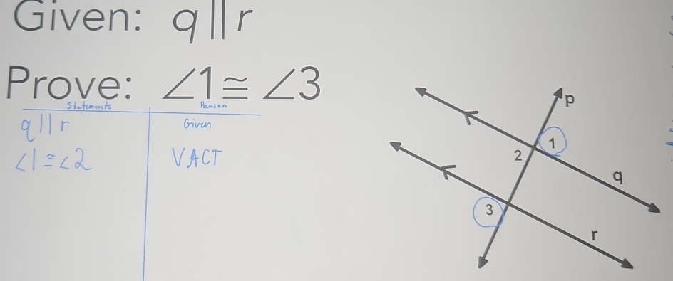 Given: qparallel r
Prove: ∠ 1≌ ∠ 3