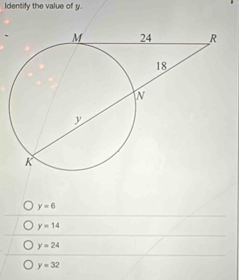 Identify the value of y.
y=6
y=14
y=24
y=32