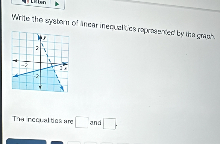 Listen 
Write the system of linear inequalities represented by the graph. 
The inequalities are □ and □.