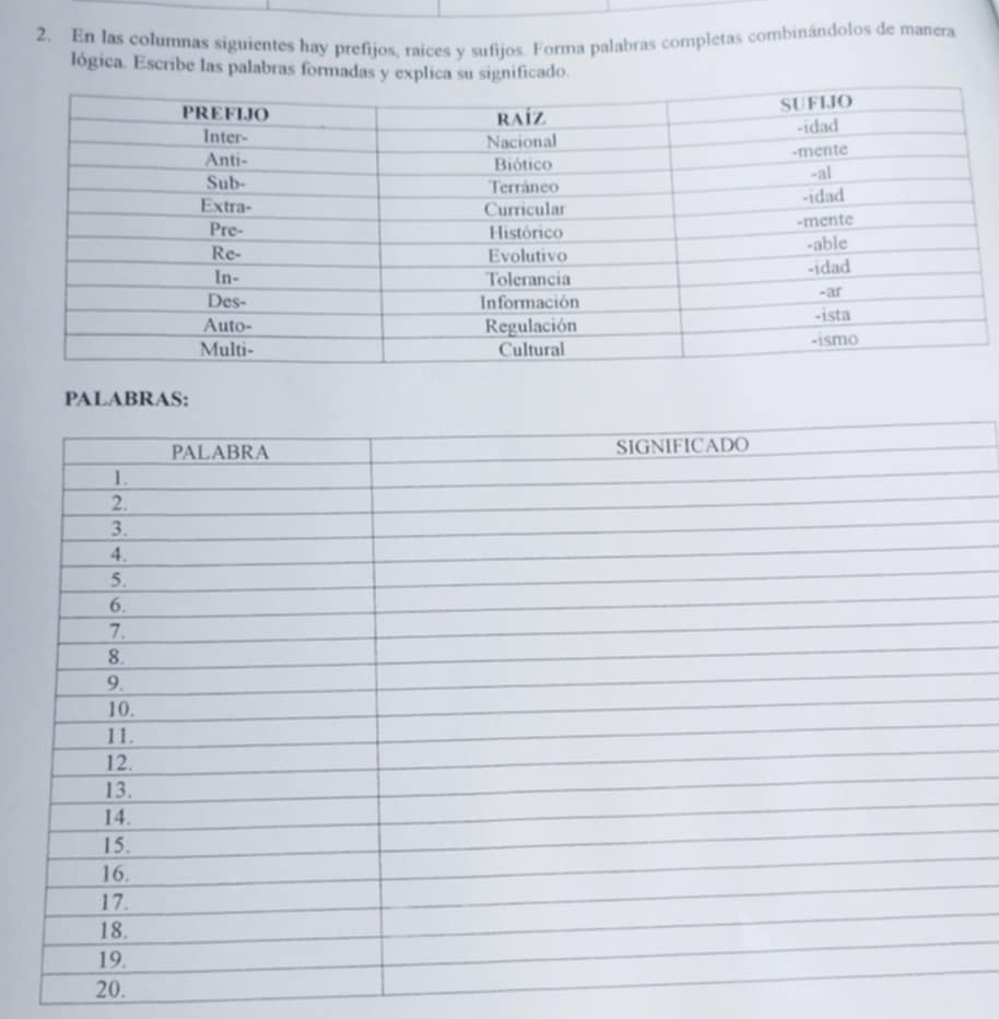 En las columnas siguientes hay prefijos, raices y sufijos. Forma palabras completas combinándolos de manera 
lógica. Escribe las palabras formadas y explica su significado. 
PALABRAS: 
20.