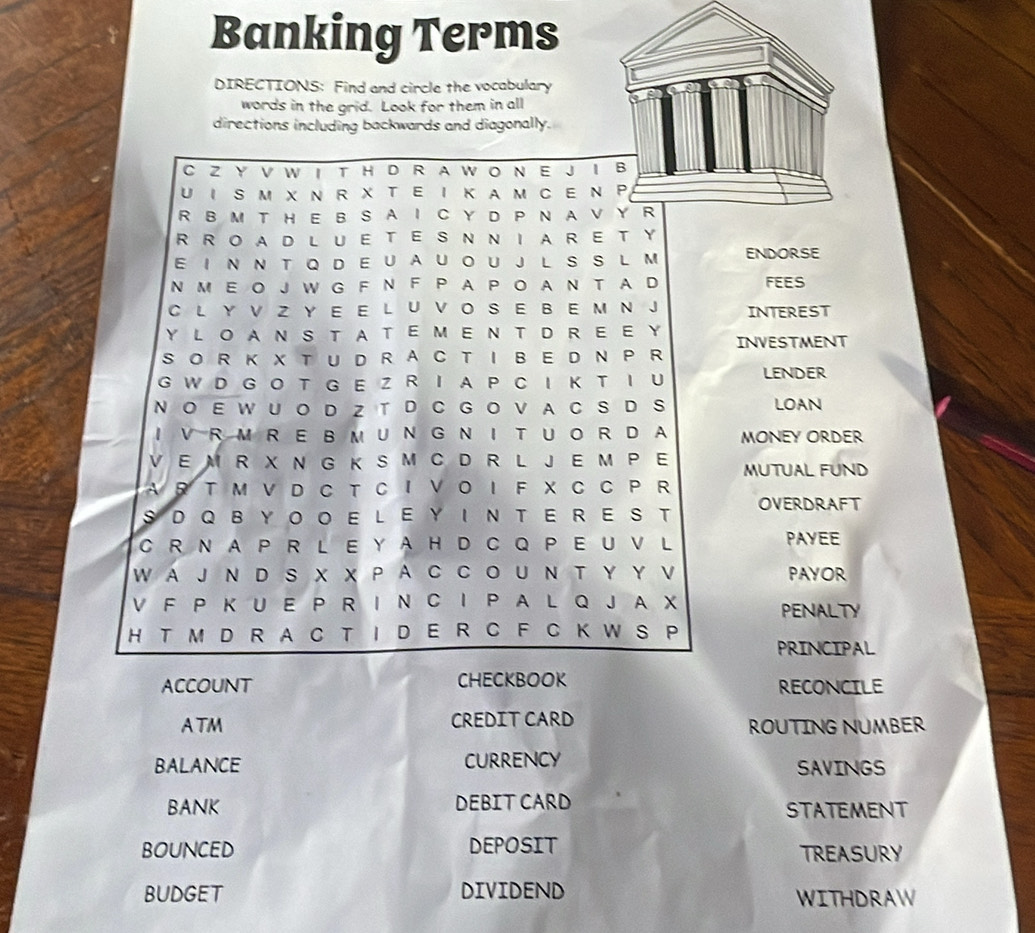 Banking Terms 
DIRECTIONS: Find and circle the vocabulary 
words in the grid. Look for them in all 
directions including backwards and diagonally. 
C Z Y V W I T HD R A W O N E JI 
U I S M X N R X T E I K A M CE Ν 
R B M T H E BS A I C Y D P N A V 
RROAD LUETES NNIARETY 
E I N N T Q D E U AU OU J L S S L M ENDORSE 
N M E O J W G F N F P A P O A NT A D FEES 
C L Y V Z Y E E L U V O S E B E M N J INTEREST 
YLOAN S TATEMENT DREEY INVESTMENT 
S O R K X T U D R AC T IB E D N P R 
G W D G O T G E Z R Ι A P C Ι Κ T Ι U LENDER 
N O E W U O D Z T D C G O V A CS D S LOAN 
I V R M R E B M U N G N I T U O R D A MONEY ORDER 
V E M R X N G K S M C D R L J E M P E MUTUAL FUND 
A R T M V D C T C Ι V O I F X C C P R 
SDQBYOOELEYINTERES T OVERDRAFT 
C R NA PRL E Y A H D C QP E U V L PAYEE 
W A J N D S X χ P Α C C O U Ν T Y Υ V PAYOR 
V F P K U E P R I N C I P A L Q J A X PENALTY 
H T M D R A C T I D E R C F C K W S P 
PRINCIPAL 
ACCOUNT CHECKBOOK RECONCILE 
ATM CREDIT CARD ROUTING NUMBER 
BALANCE CURRENCY SAVINGS 
BANK DEBIT CARD STATEMENT 
BOUNCED DEPOSIT TREASURY 
BUDGET DIVIDEND WITHDRAW