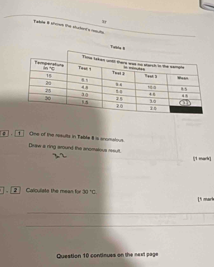 Table 8 shows the student's results
Ta
0 , _1 One of the results in Table 8 is anomalous.
Draw a ring around the anomalous result.
[1 mark]
2 Calculate the mean for 30°C.
[1 mark
_
_
Question 10 continues on the next page