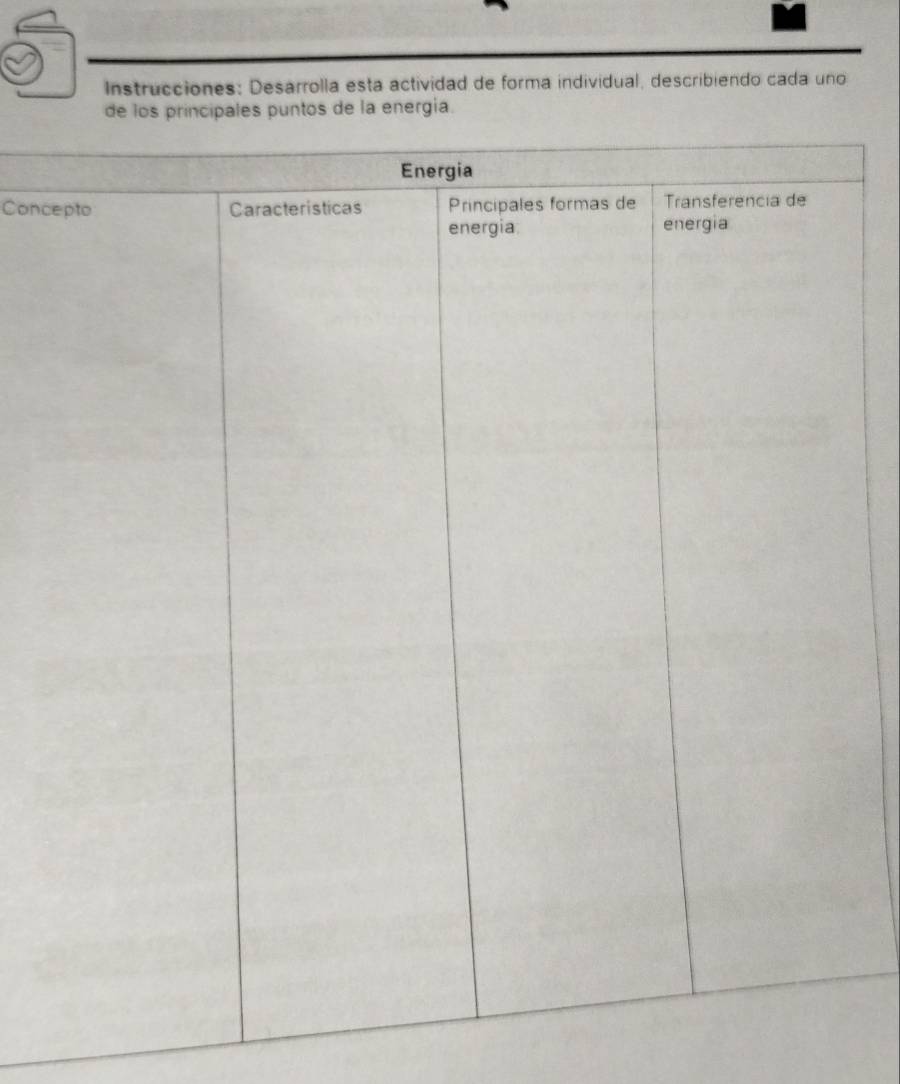 Instrucciones: Desarrolla esta actividad de forma individual, describiendo cada uno 
de la energia. 
Conc