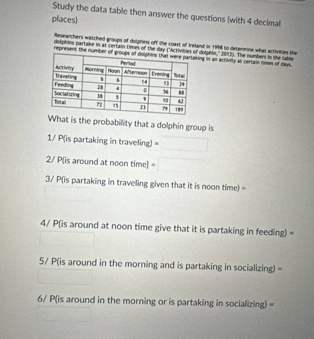 Study the data table then answer the questions (with 4 decimal 
places) 
Researchers watched groups of dolphins off the coast of Ireland in 1998 to determine what activities the 
dolphins partake in at certain times of the day ("Activities of dolphin," 2013). The numbers in the table 
represent the number ofng in an activity at certain times of days. 
What is the probability that a dolphin group is 
1/ P(is partaking in traveling) = T= (x-a)(x^(2,-2) sqrt(5,)5^
2/ P(is around at noon time] = □ 
3/ P(is partaking in traveling given that it is noon time) = 
4/ P(is around at noon time give that it is partaking in feeding) = 
5/ P(is around in the morning and is partaking in socializing) = 
6/ P(is around in the morning or is partaking in socializing) =