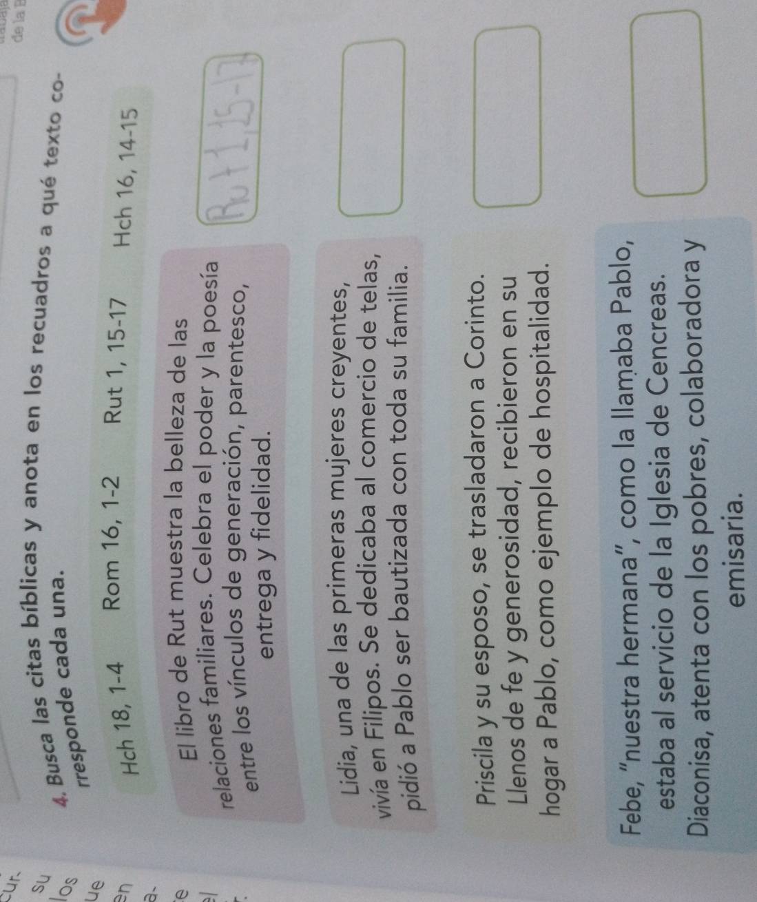 cur 
de la B 
su 
los 
4. Busca las citas bíblicas y anota en los recuadros a qué texto co- 
ue rresponde cada una. 
en 
Hch 18, 1 - 4 Rom 16, 1 - 2 Rut 1, 15 - 17 Hch 16, 14 - 15
a、 
El libro de Rut muestra la belleza de las 
relaciones familiares. Celebra el poder y la poesía 
entre los vínculos de generación, parentesco, 
entrega y fidelidad. 
Lidia, una de las primeras mujeres creyentes, 
vivía en Filipos. Se dedicaba al comercio de telas, 
pidió a Pablo ser bautizada con toda su familia. 
Priscila y su esposo, se trasladaron a Corinto. 
Llenos de fe y generosidad, recibieron en su 
hogar a Pablo, como ejemplo de hospitalidad. 
Febe, “nuestra hermana”, como la llamaba Pablo, 
estaba al servicio de la Iglesia de Cencreas. 
Diaconisa, atenta con los pobres, colaboradora y 
emisaria.