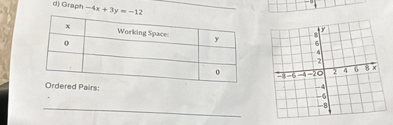 -8
d) Graph -4x+3y=-12
_ 
_ 
ered Pairs: 
_