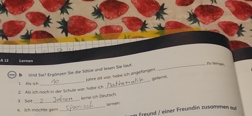 A 12 Lernen 
* b Und Sie? Ergänzen Sie die Sätze und lesen Sie laut. 
_zu lernen 
_ 
Jahre alt war, habe ich angefangen. 
gelernt. 
1. Als ich 
2. Als ich noch in der Schule war, habe ich 
_ 
lerne ich Deutsch. 
3. Seit_ 
leren. 
4. Ich möchte gern 
_m Freund / einer Freundin zusammen auf