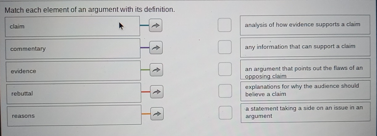 Match each element of an argument with its definition.
claim analysis of how evidence supports a claim
commentary any information that can support a claim
evidence an argument that points out the flaws of an
opposing claim
explanations for why the audience should
rebuttal believe a claim
a statement taking a side on an issue in an
reasons
argument