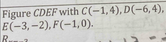 Figure CDEF with C(-1,4), D(-6,4),
E(-3,-2), F(-1,0).
R