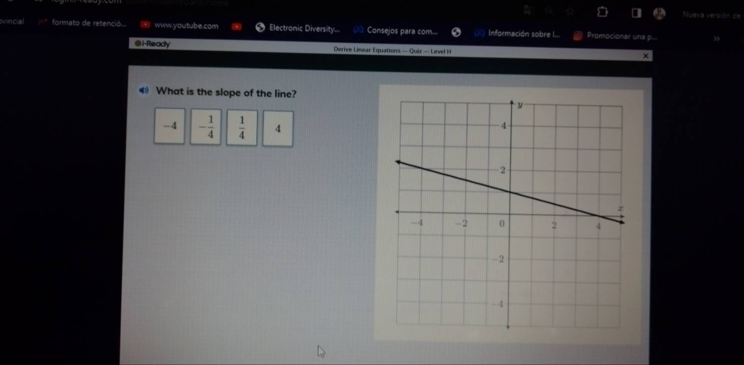 Nueva versión de
vincial formato de retenció... www.youtube.com Electronic Diversity... a Consejos para com... Información sobre I... Promocionar una p...
@i-Ready Derive Linear Equations — Quiz — Level H
×
What is the slope of the line?
_4 - 1/4   1/4  4