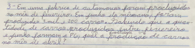 3- Emuma polerica do automoneis poram produciden 
no min do penening, Emjunke do mesrane feram 
produgidas 3 mil, 200 caues. Pakends gue a quean- 
sudade do canioz produgicar intre peereine 
ejunds fomana PG, qual a prsdlicao de canres 
no min de aoul?