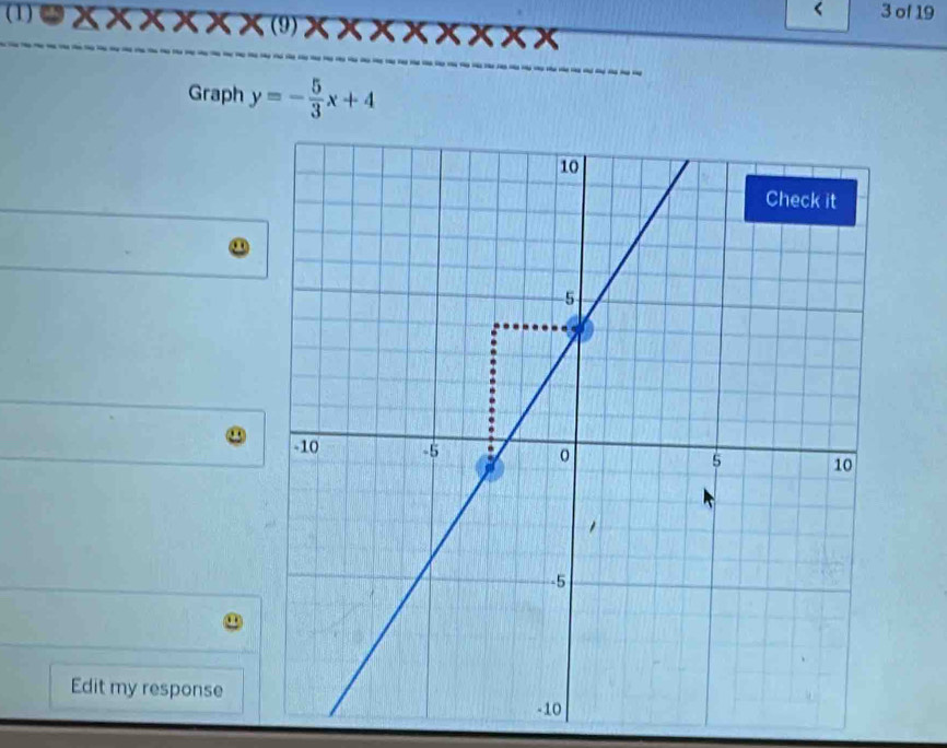 (1) 3 of 19 
Graph y=- 5/3 x+4
Edit my response