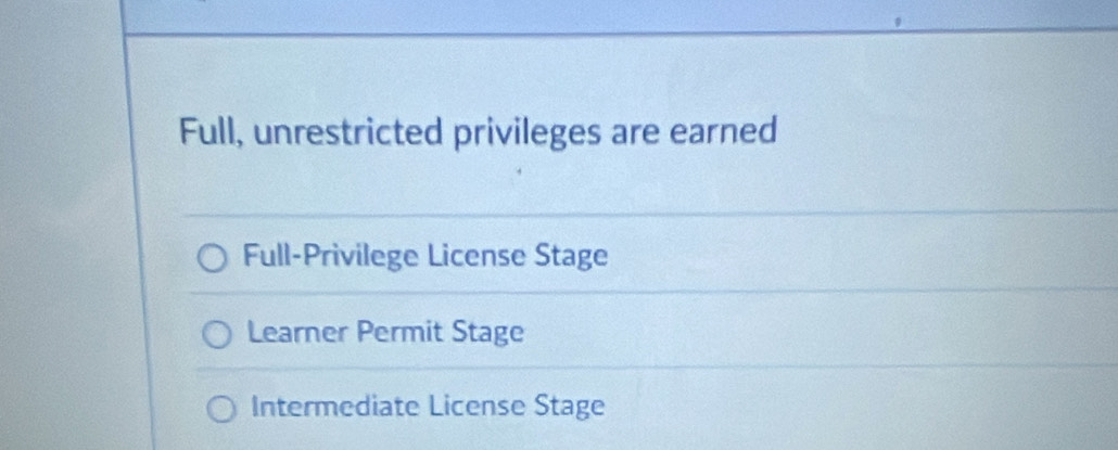 Full, unrestricted privileges are earned
Full-Privilege License Stage
Learner Permit Stage
Intermediate License Stage