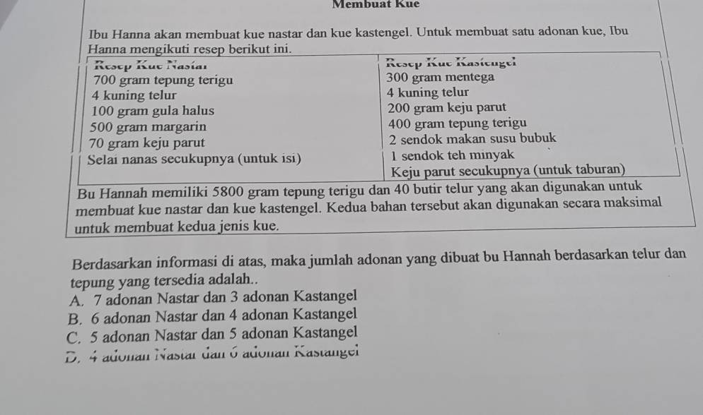 Membuat Kue
Ibu Hanna akan membuat kue nastar dan kue kastengel. Untuk membuat satu adonan kue, Ibu
Berdasarkan informasi di atas, maka jumlah adonan yang dibuat bu Hannah berdasarkan telur dan
tepung yang tersedia adalah..
A. 7 adonan Nastar dan 3 adonan Kastangel
B. 6 adonan Nastar dan 4 adonan Kastangel
C. 5 adonan Nastar dan 5 adonan Kastangel
D. 4 adonán Nastar dan 6 adonan Kastängel