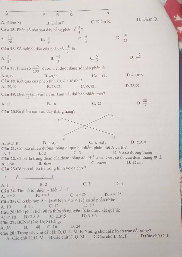 A. Điểm M B. Điểm P C. Điểm R. D. Điểm Q.
Câu 15. Phân số nào sau đây bằng phân số  3/4  ?
D.
A.  13/20   3/9   6/8   10/75 
B.
C.
Câu 16. Số nghịch đảo của phân số  (-5)/2 1 a
D.
A.  2/5 .  (-5)/2 .  5/2 .  (-2)/5 .
B.
C.
Câu 17. Phân số  (-15)/100  được viết dưới dạng số thập phân là
A. 0,15 . B. -0,15 . C. 0,015 . D. -0,015
Câu 18. Kết quả của phép tính 63,37+16,62 là:
A.. 79,99 B. 78, 92 . C. 79, 82 . D. 78, 99 .
Câu 19. Biết  7/11  tẩm vải là 7m. Tấm vài dài bao nhiêu mét?
A. 11 B. 18 C. 22 D.  88/7 
Câu 20.Ba điểm nào sau đây thắng hàng?
A. M,A,B . B. B,A,C . D. C,A,N .
Câu 21. Có bao nhiêu đường thắng đi qua hai điểm phân biệt A và B ?
A. 1 B. 2 C. 3 D. Vô số đường thắng
Câu 22. Cho / là trung điểm của đoạn thắng A8 . Biết AB=12cm , số đo của đoạn thắng /B là
A. 5cm . B. 6cm . C. 24cm . D. 12cm .
Câu 23.Có bao nhiêu tia trong hình vẽ đã cho ?
x A B y
A. 1 B. 2 C. 3 D. 4
Câu 24. Tim số tự nhiên x biết x^3=5^3
A. x=5 B. x=3 C. x=25 D. x=125
Câu 25: Cho tập hợp A= x∈ N|7≤ x<17 có số phần tử là:
A. 10 B. 11 C. 12 D. 17
Câu 26: Khi phân tích 90 ra thừa số nguyên tố, ta được kết quả là:
A) 3^2.10 B) 2.5.9 C) 2.3^2.5 D) 3.5.6
Câu 27: BCNN (24;16;8) bằng:
A. 36 B. 48 C. 16 D. 24
Câu 28: Trong các chữ cái: H, O, Q, L, M, F. Những chữ cái nào có trục đối xứng?
A. Các chữ H, O, M. B.Các chữ H, Q, M. C.Các chữ L, M, F. D.Các chữ O; L