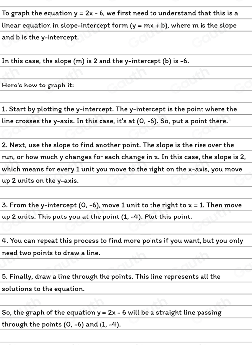 To graph the equation y=2x-6 , we first need to understand that this is a 
linear equation in slope-intercept form (y=mx+b) , where m is the slope 
and b is the y-intercept. 
In this case, the slope (m) is 2 and the y-intercept (b) is -6. 
Here's how to graph it: 
1. Start by plotting the y-intercept. The y-intercept is the point where the 
line crosses the y-axis. In this case, it's at (0,-6). So, put a point there. 
2. Next, use the slope to find another point. The slope is the rise over the 
run, or how much y changes for each change in x. In this case, the slope is 2, 
which means for every 1 unit you move to the right on the x-axis, you move 
up 2 units on the y-axis. 
3. From the y-intercept (0,-6) , move 1 unit to the right to x=1. Then move 
up 2 units. This puts you at the point (1,-4). Plot this point. 
4. You can repeat this process to find more points if you want, but you only 
need two points to draw a line. 
5. Finally, draw a line through the points. This line represents all the 
solutions to the equation. 
So, the graph of the equation y=2x-6 will be a straight line passing 
through the points (0,-6) and (1,-4).