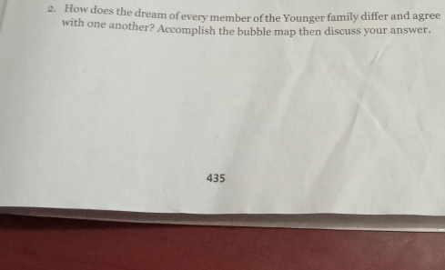 How does the dream of every member of the Younger family differ and agree 
with one another? Accomplish the bubble map then discuss your answer. 
435