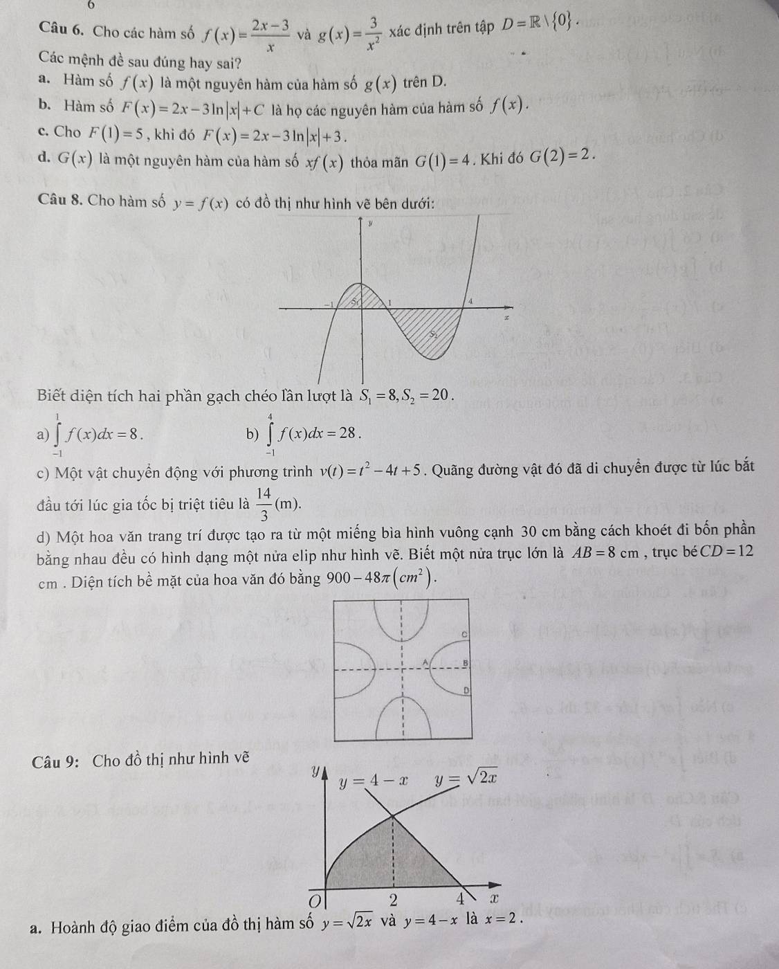 Cho các hàm số f(x)= (2x-3)/x  và g(x)= 3/x^2  xác định trên tập D=R/ 0 .
Các mệnh đề sau đúng hay sai?
a. Hàm số f(x) là một nguyên hàm của hàm số g(x) trên D.
b. Hàm số F(x)=2x-3ln |x|+C là họ các nguyên hàm của hàm số f(x).
c. Cho F(1)=5 , khi đó F(x)=2x-3ln |x|+3.
d. G(x) là một nguyên hàm của hàm số xf(x) thỏa mãn G(1)=4. Khi đó G(2)=2.
Câu 8. Cho hàm số y=f(x) có đồ thị như hình vẽ bên dưới:
Biết diện tích hai phần gạch chéo lần lượt là S_1=8,S_2=20.
a) ∈tlimits _(-1)^1f(x)dx=8. ∈tlimits _(-1)^4f(x)dx=28.
b)
c) Một vật chuyển động với phương trình v(t)=t^2-4t+5. Quãng đường vật đó đã di chuyển được từ lúc bắt
đầu tới lúc gia tốc bị triệt tiêu là  14/3 (m).
d) Một hoa văn trang trí được tạo ra từ một miếng bìa hình vuông cạnh 30 cm bằng cách khoét đi bốn phần
bằng nhau đều có hình dạng một nửa elip như hình vẽ. Biết một nửa trục lớn là AB=8cm , trục bé CD=12
cm . Diện tích bề mặt của hoa văn đó bằng 900-48π (cm^2).
Câu 9: Cho đồ thị như hình vẽ
a. Hoành độ giao điểm của đồ thị hàm số y=sqrt(2x) và y=4-x