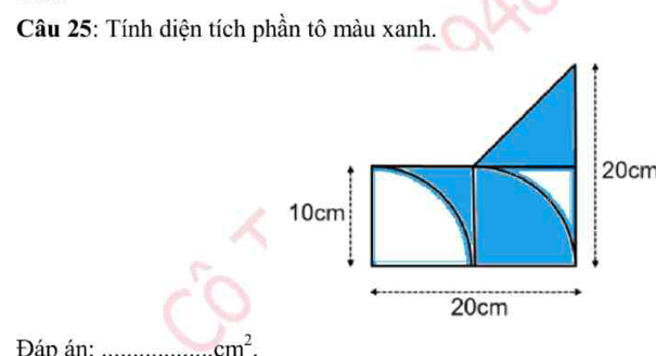 Tính diện tích phần tô màu xanh.
20cm
Đáp án: _ cm^2