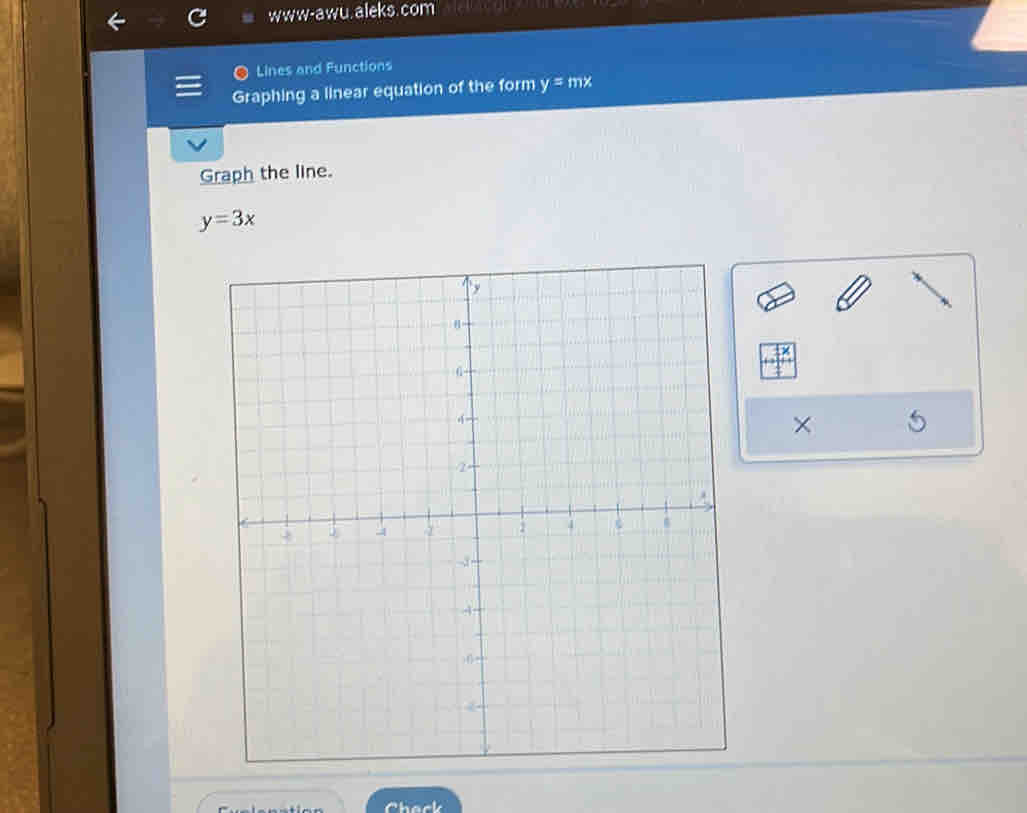 www-awu. aleks.com 
Lines and Functions 
Graphing a linear equation of the form y=m
Graph the line.
y=3x
×