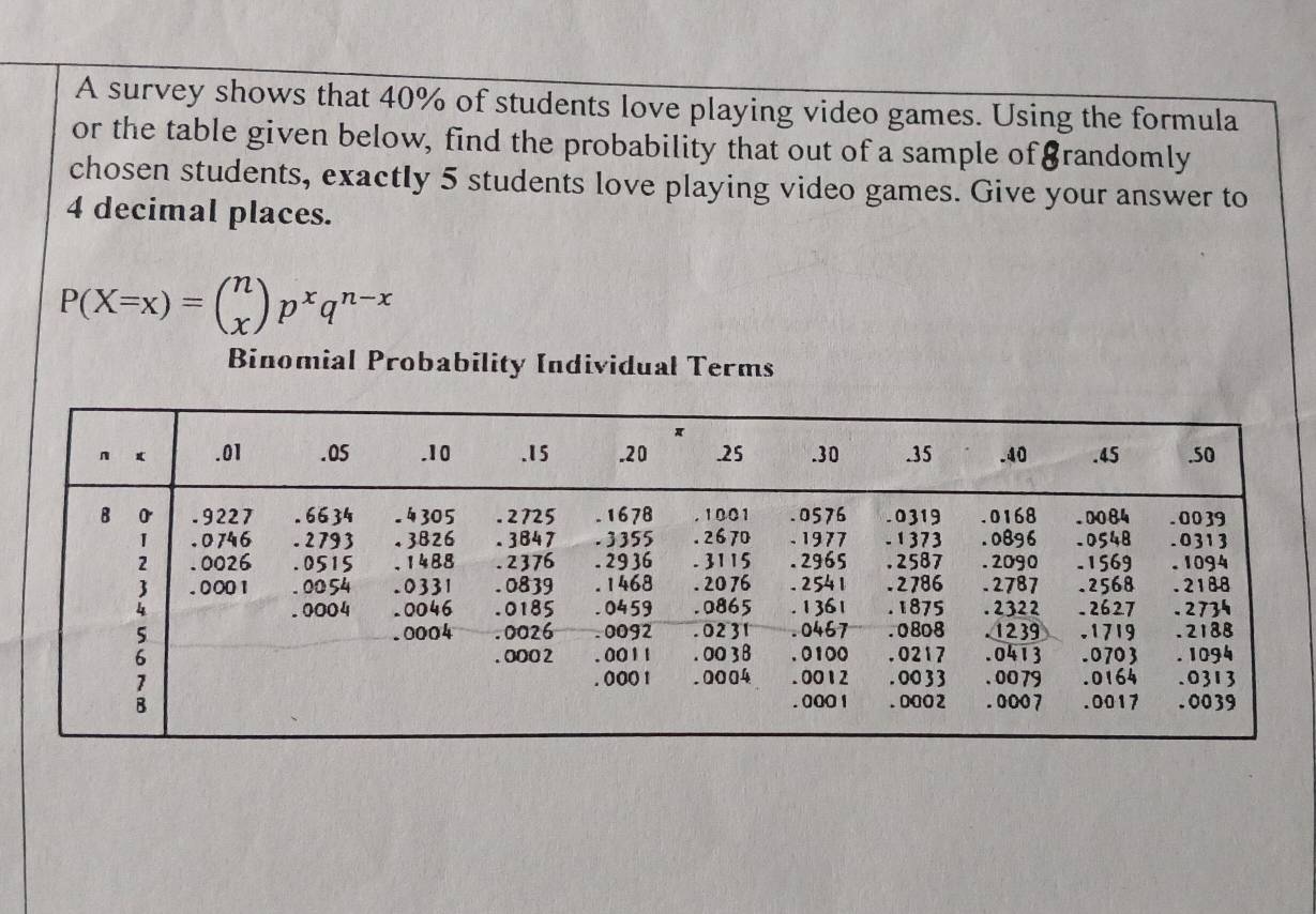 A survey shows that 40% of students love playing video games. Using the formula 
or the table given below, find the probability that out of a sample of✘randomly 
chosen students, exactly 5 students love playing video games. Give your answer to
4 decimal places.
P(X=x)=beginpmatrix n xendpmatrix p^xq^(n-x)
Binomial Probability Individual Terms