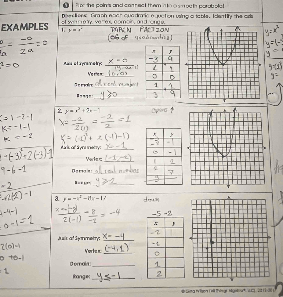 Plot the points and connect them into a smooth parabola!
Directions: Graph each quadratic equation using a table. Identify the axis
of symmetry, vertex, domain, and range.
examples 1. y=x^2
Axis of Symmetry:_
Vertex:_
Domain:_
Range:_
2. y=x^2+2x-1
Axis of Symmetry:_
Vertex:_
Domain:
_
Range:_
3. y=-x^2-8x-17
Axis of Symmetry:_
Vertex:_
Domain:_
Range:_
* Gina Wilson (Al Things Algebra®, LLC), 2012-201)