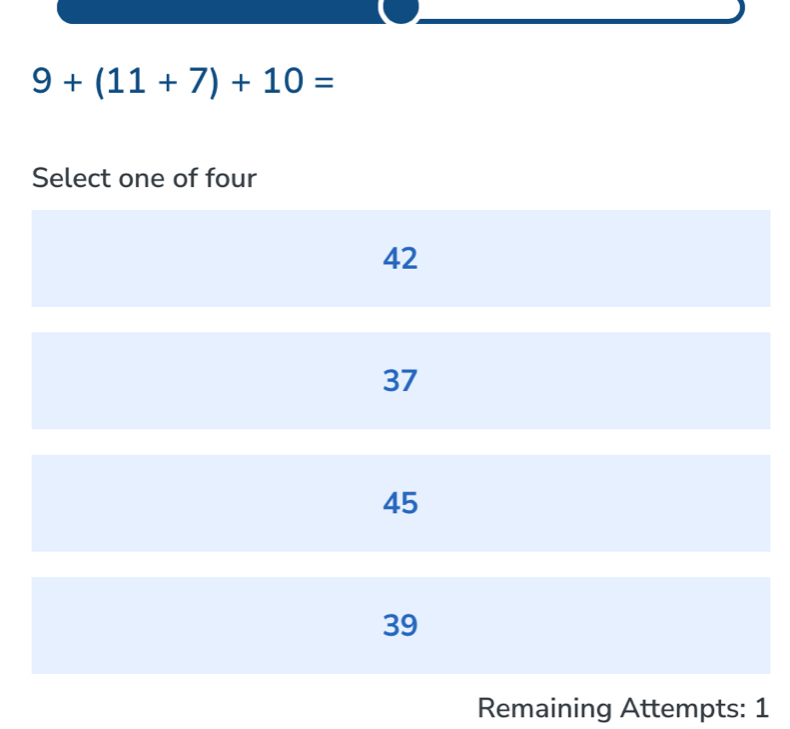 9+(11+7)+10=
Remaining Attempts: 1