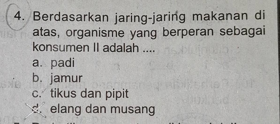 Berdasarkan jaring-jaring makanan di
atas, organisme yang berperan sebagai
konsumen II adalah ....
a. padi
b. jamur
c. tikus dan pipit
d. elang dan musang