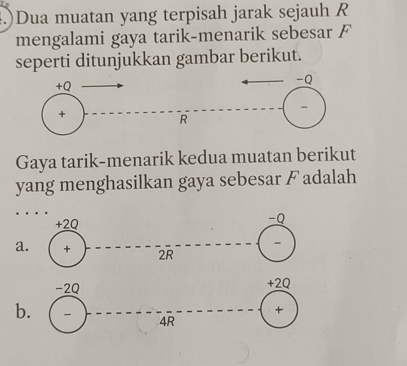 4.)Dua muatan yang terpisah jarak sejauh R
mengalami gaya tarik-menarik sebesar F
seperti ditunjukkan gambar berikut.
Gaya tarik-menarik kedua muatan berikut
yang menghasilkan gaya sebesar F adalah
+2Q
-Q
-
a. + 2R
b