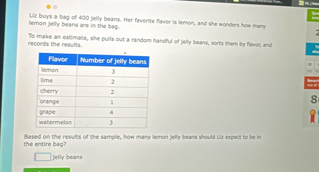 CEL | Maka 
Que 
Liz buys a bag of 400 jelly beans. Her favorite flavor is lemon, and she wonders how many 
lemon jelly beans are in the bag. 
To make an estimate, she pulls out a random handful of jelly beans, sorts them by flavor, and n 
records the results.
22
Smart 
out of !
8
Based on the results of the sample, how many lemon jelly beans should Liz expect to be in 
the entire bag?
□ jelly beans